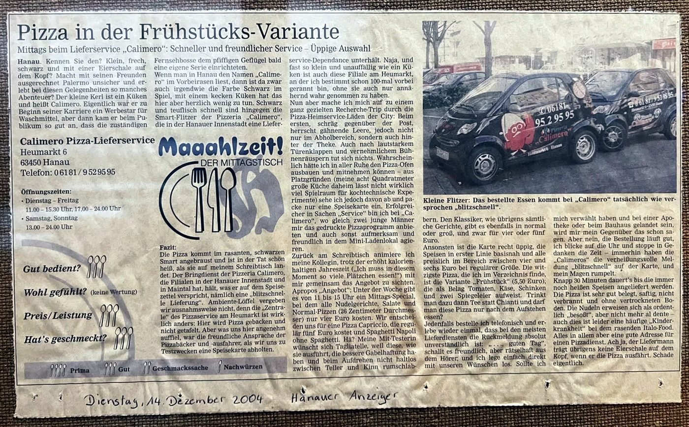 Zeitungsausschnitt aus dem Hanauer Anzeiger vom 14. Dezember 2004 über die Pizzeria Calimero